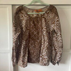 Tory Burch Top Boho Long Sleeve Brown/Tan Print  White Size 10 Lace 100% Cotton
